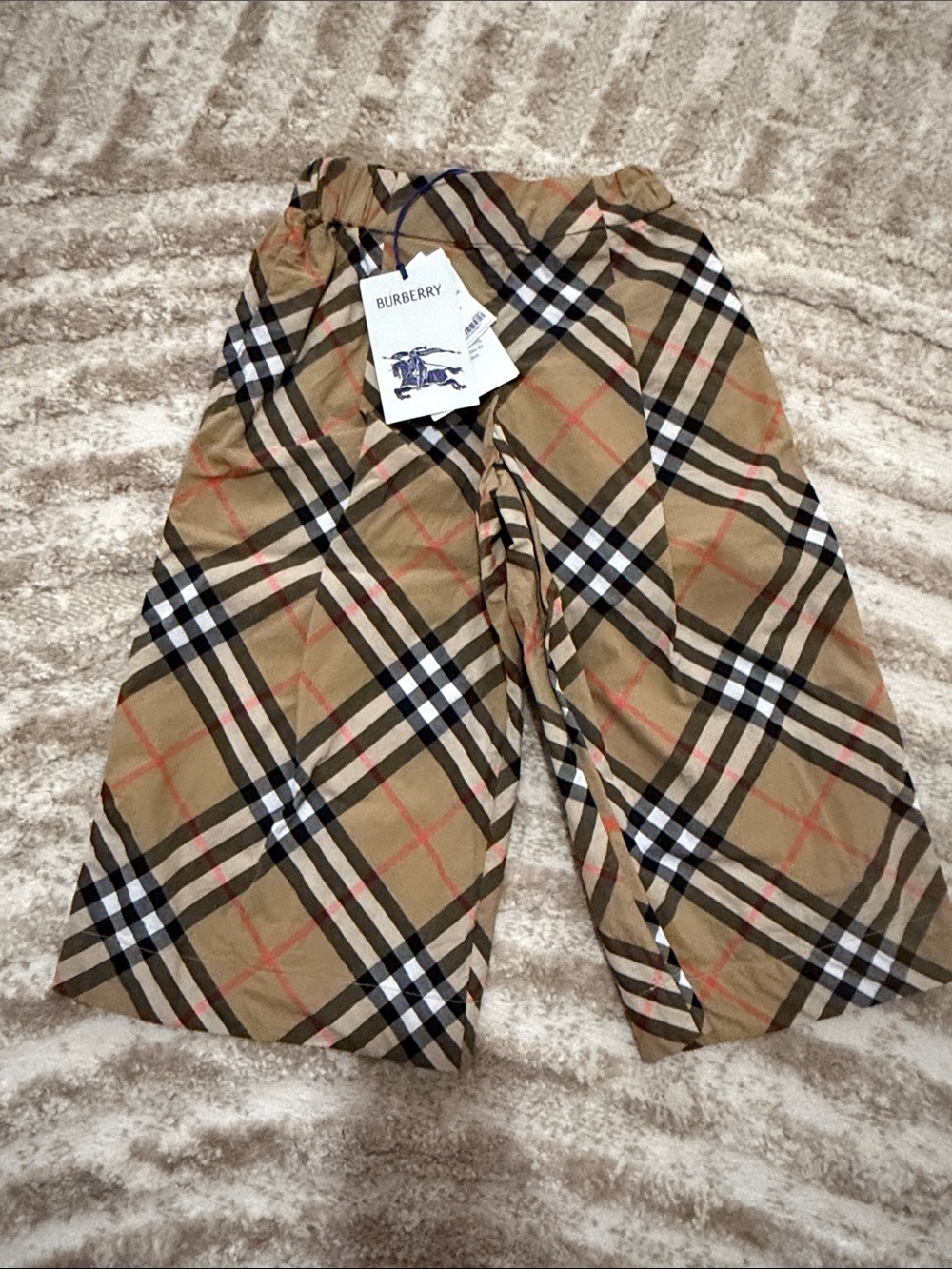 Burberry Girls Beige Plaid Cargo Pants Drawstring Elastic Waist - Authentic